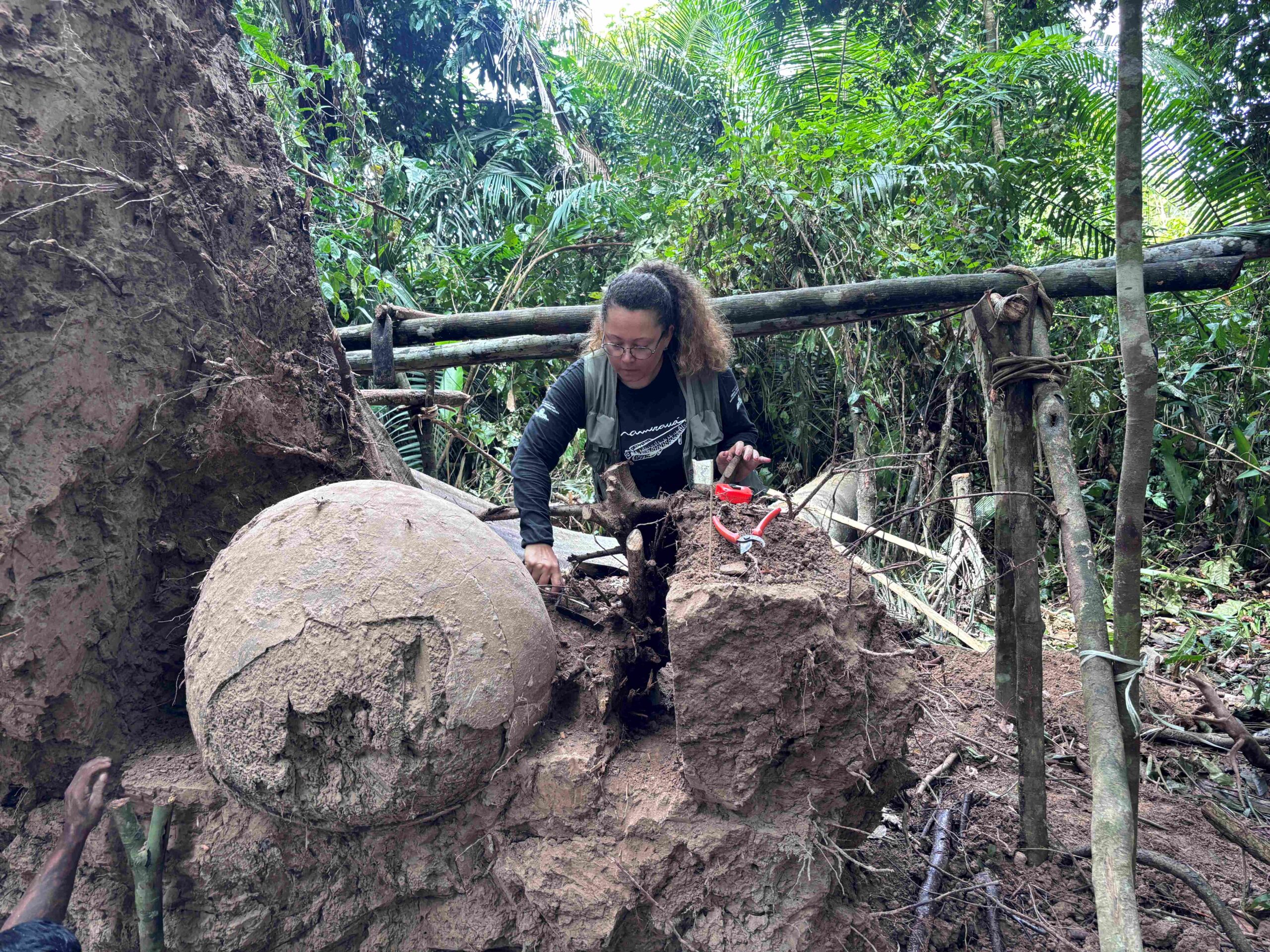 Archaeologist Geórgea Holanda at the site where the funerary urns were found (photo credit: Geórgea Holanda/Mamirauá Institute)